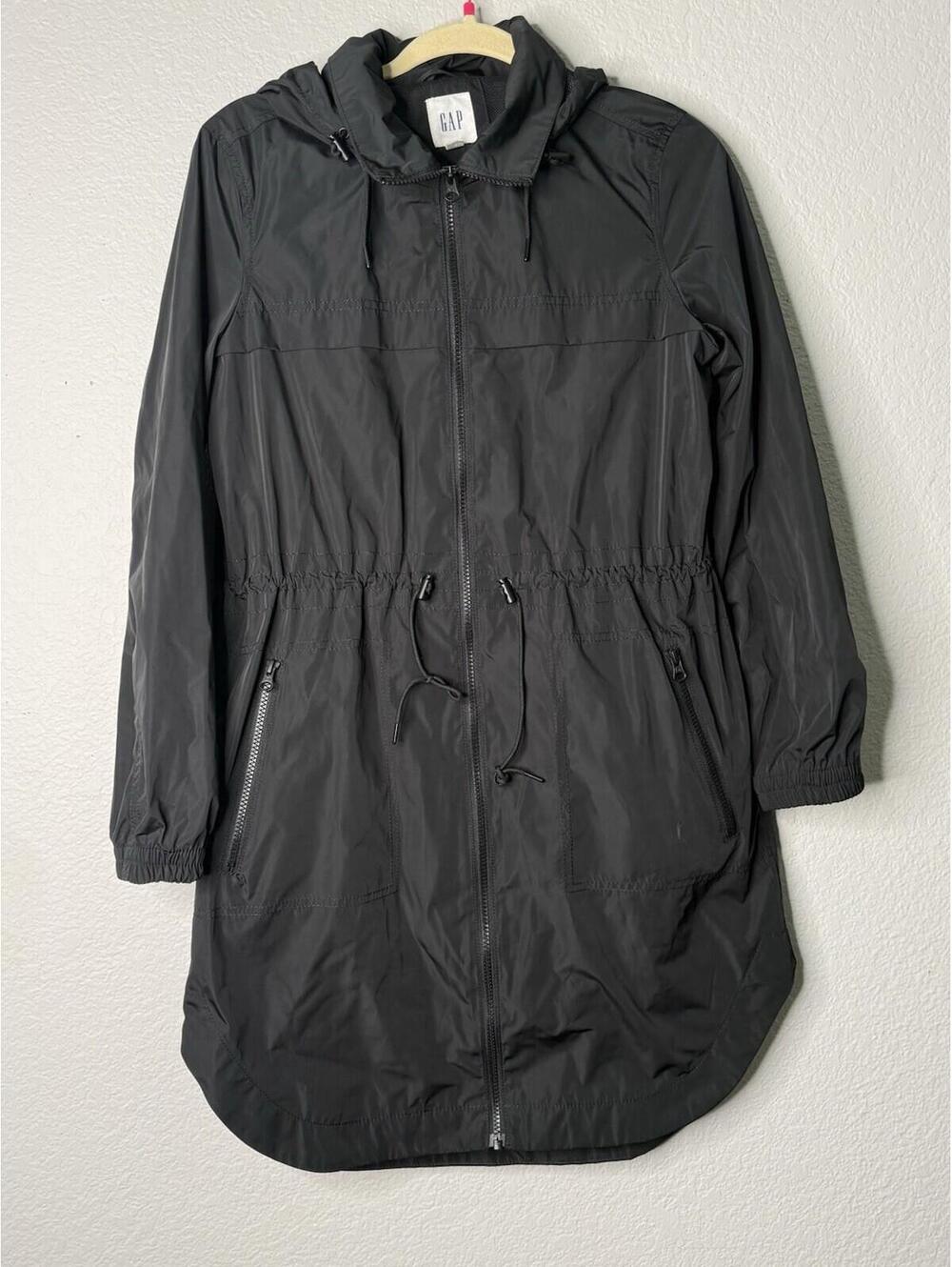 Gap Mid Length Black Rain Jacket with Hood Size Small Women's Lightweight Coat